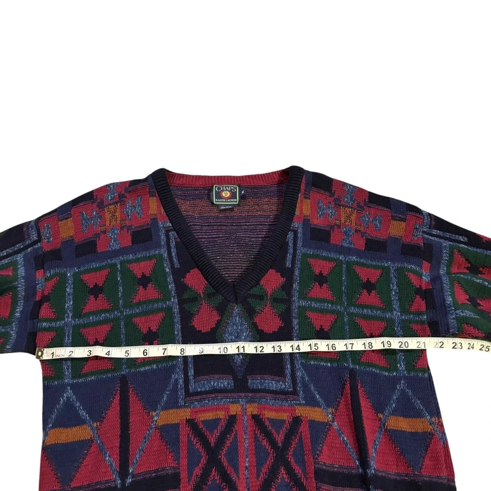 Vintage Chaps Ralph Lauren Geometric Tribal V-Neck Sweater Mens XL‎ Multi Color